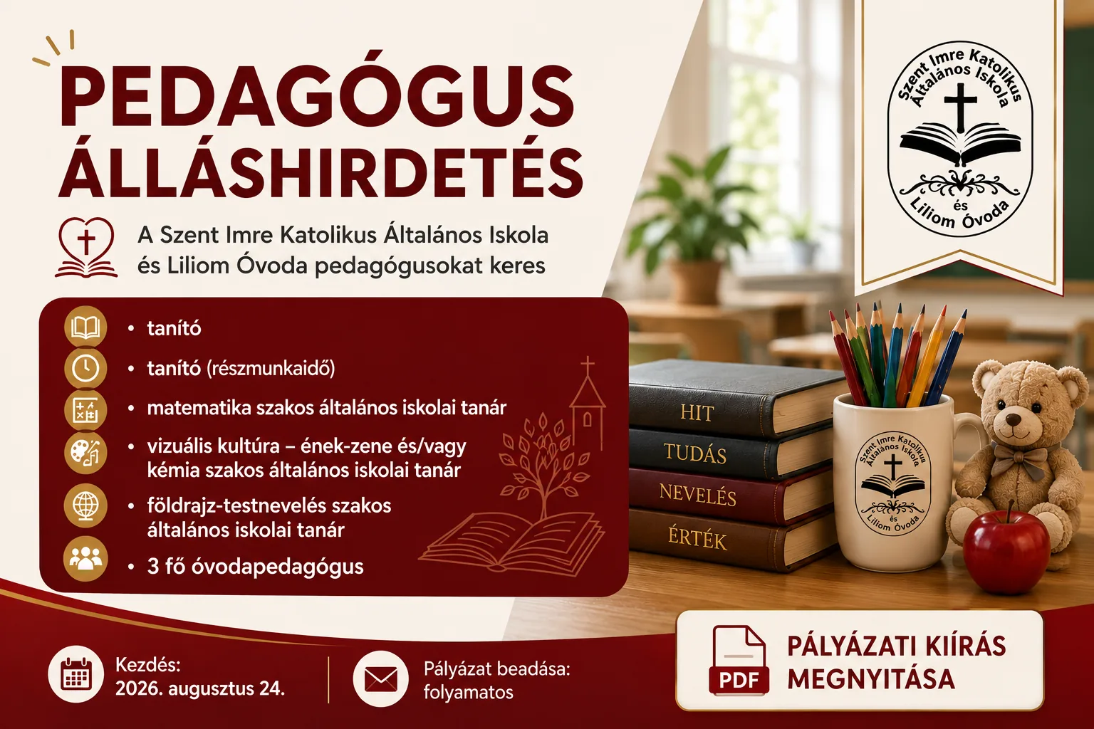 Pedagógus álláshirdetés – Szent Imre Katolikus Általános Iskola és Liliom Óvoda